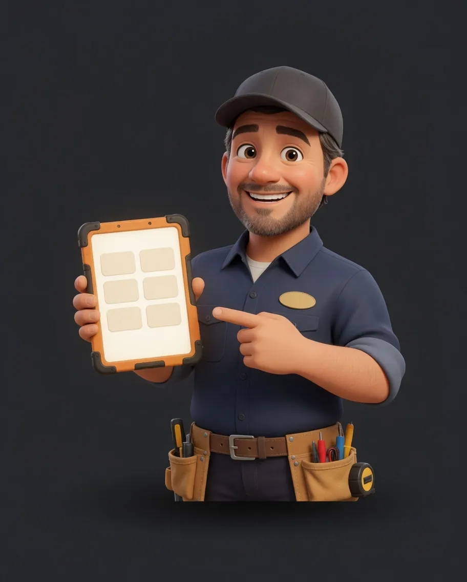 Techy holding up a tablet and pointing at its screen